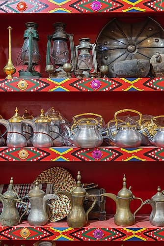 Saudi Arabia, Riyadh, Al-Dirah. Coffee and tea pots at the Souq Al-Zal. Coffee Print